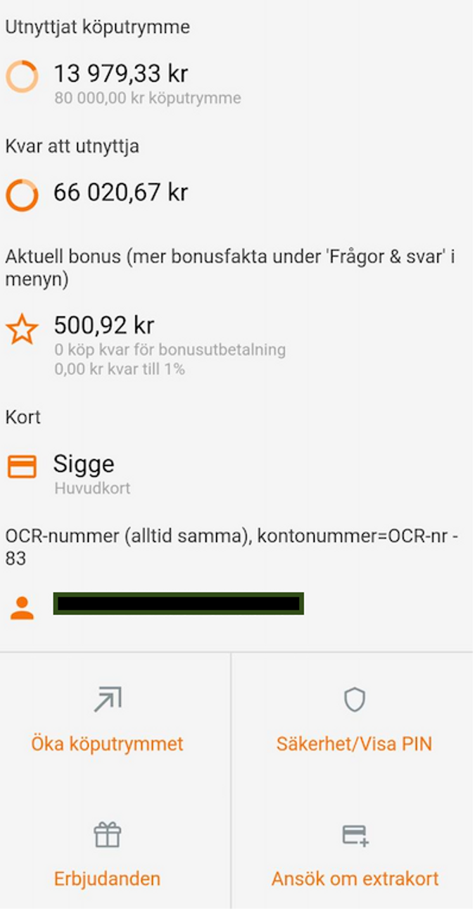 Inloggat läge Everydaycard, köputrymme och bonus