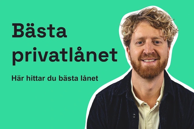 Bild med texten &quot;Bästa privatlånet. Här hittar du bästa lånet.&quot; och en bild på Olle Pettersson från Finansvalp.