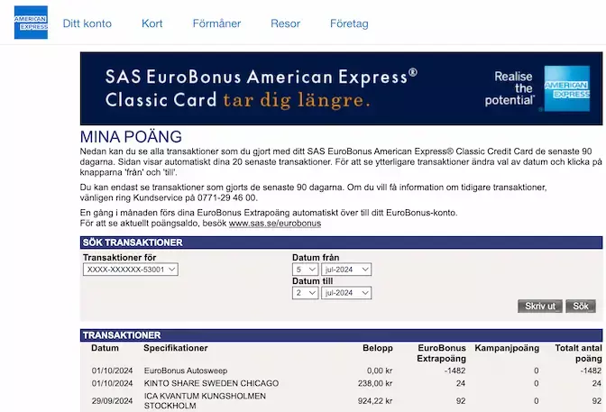 SAS Amex Classic inloggat läge. Transaktioner och EuroBonuspoäng.