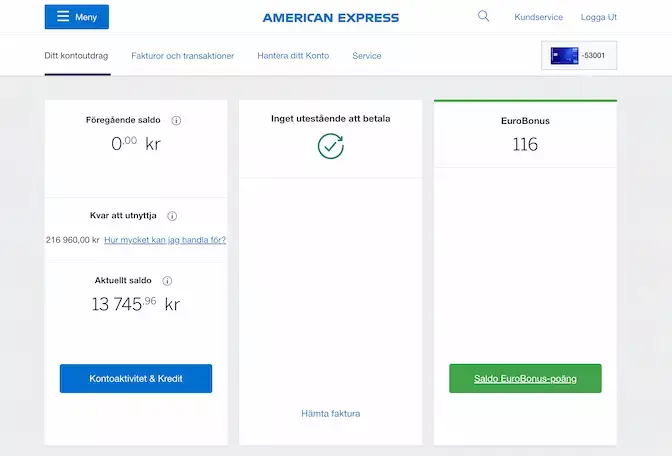 SAS Amex Classic inloggat läge. EuroBonus, kreditgräns och aktuellt saldo